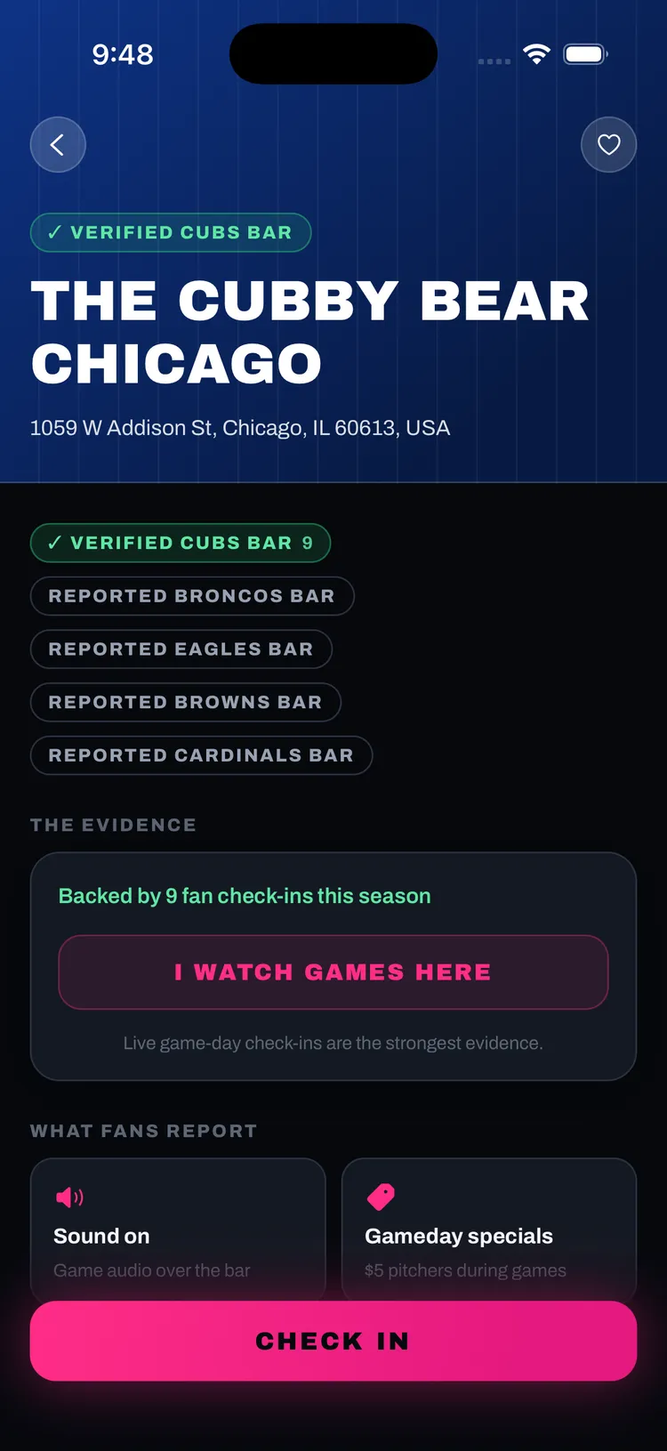 The Cubby Bear — verified Cubs bar, backed by fan check-ins this season