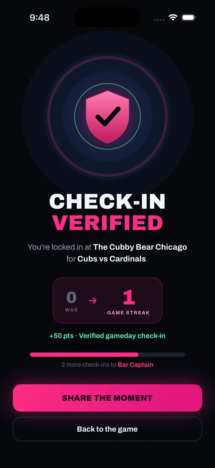 Verified game-day check-in at The Cubby Bear during Cubs vs Cardinals